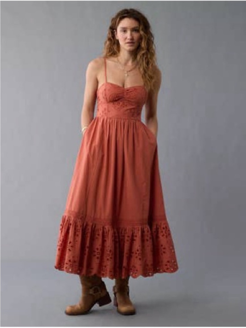 American Eagle Outfitters Women's Rust Corset Eyelet Midi Dress Size XL Cut Out
